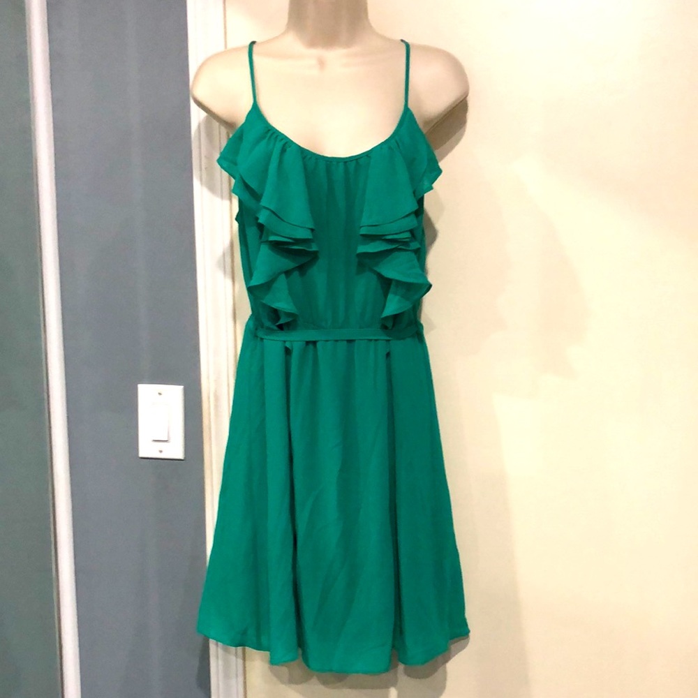 M. Frederik Green Ruffled Sleeveless Belted Dress